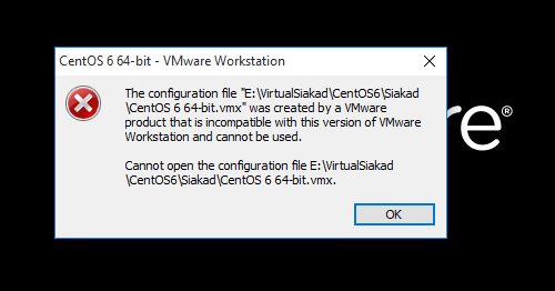 This application cannot run under virtual machine. Error while opening the virtual machine: vmx file is corrupt..