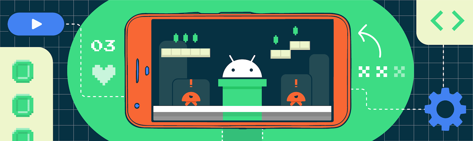 Logotipo do Android com a temática de jogos em segundo plano dentro de um smartphone.