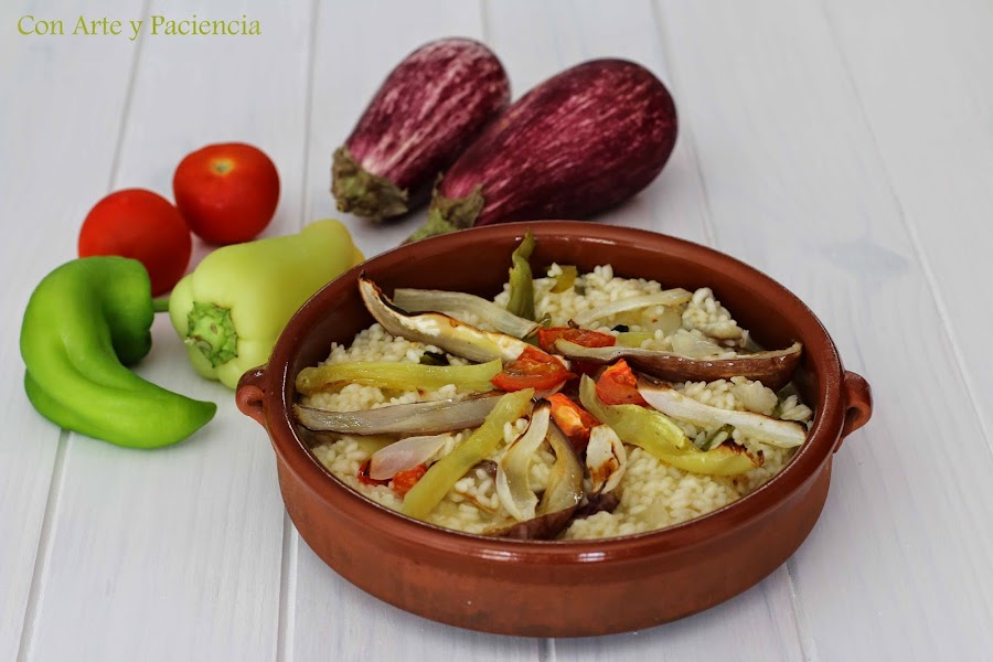 risotto,verdura,asada,queso,parmesano,receta,italiana,casera,homemade,berengena,pimiento,cebolla,tomate,aceite,oliva,horno,casera,