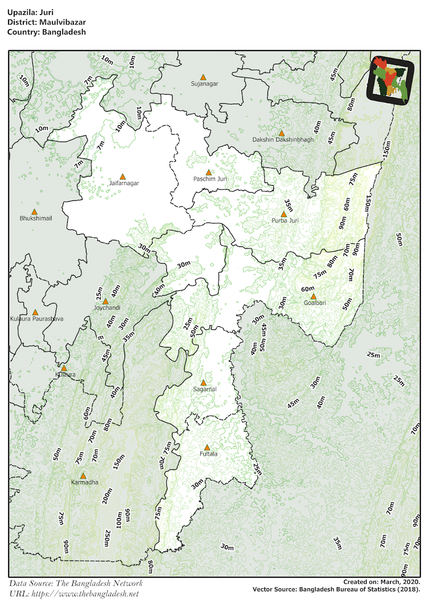 Juri Upazila Elevation Map Moulvibazar District Bangladesh