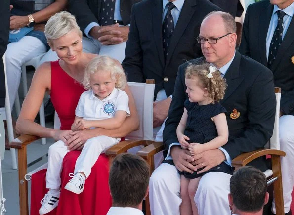 Prince Albert, Princess Charlene, Princess Gabriella and Prince Jacques. Princess Charlene wore Roland Mouret one shoulder silk dress