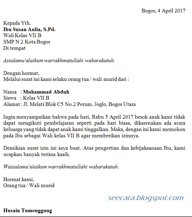 Contoh Surat Izin Tidak Masuk Sekolah Menggunakan Bahasa Inggris