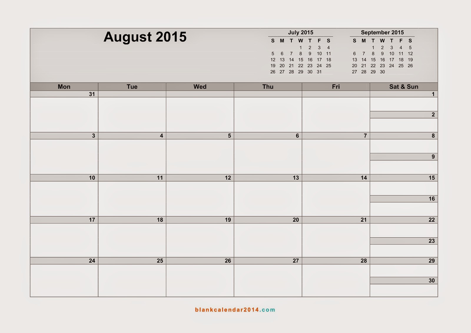 blank monthly calendar august 2015