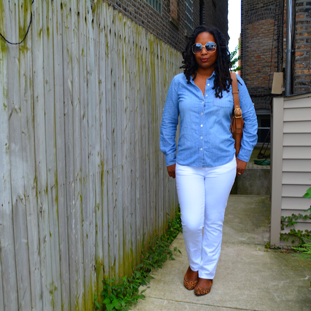 tory burch jeans worn with a denim shirt