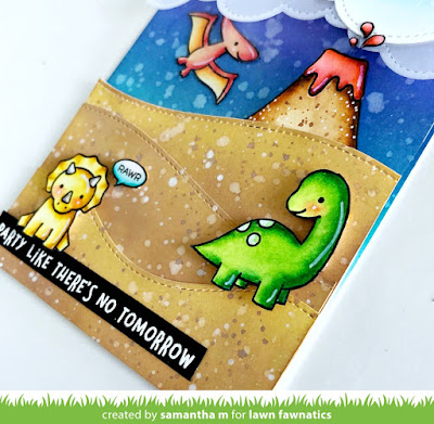 Party Like There's No Tomorrow Card by Samantha Mann for Lawn Fawnatics Challenge, Lawn Fawn, dinosaurs, distress inks, ink blending, birthday, cards #lawnfawn #distressinks #inkblending #party #cards #dinosaur #interactive 