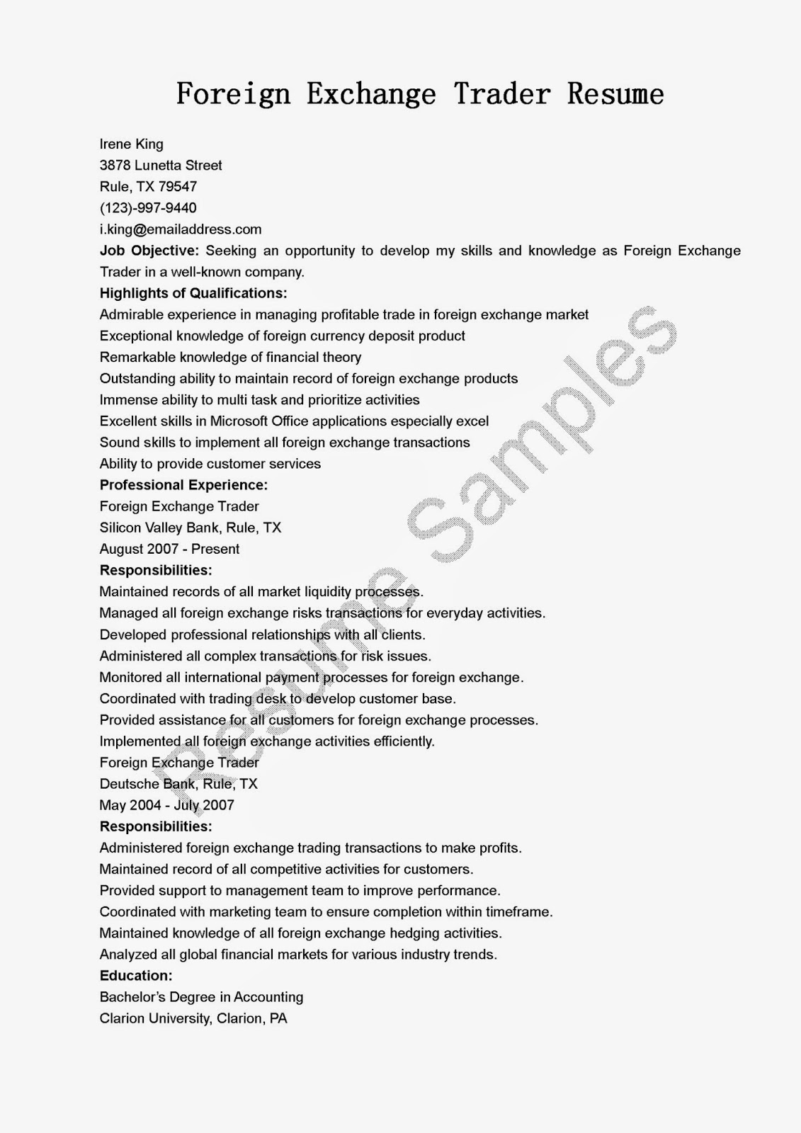 Forex trader resume example