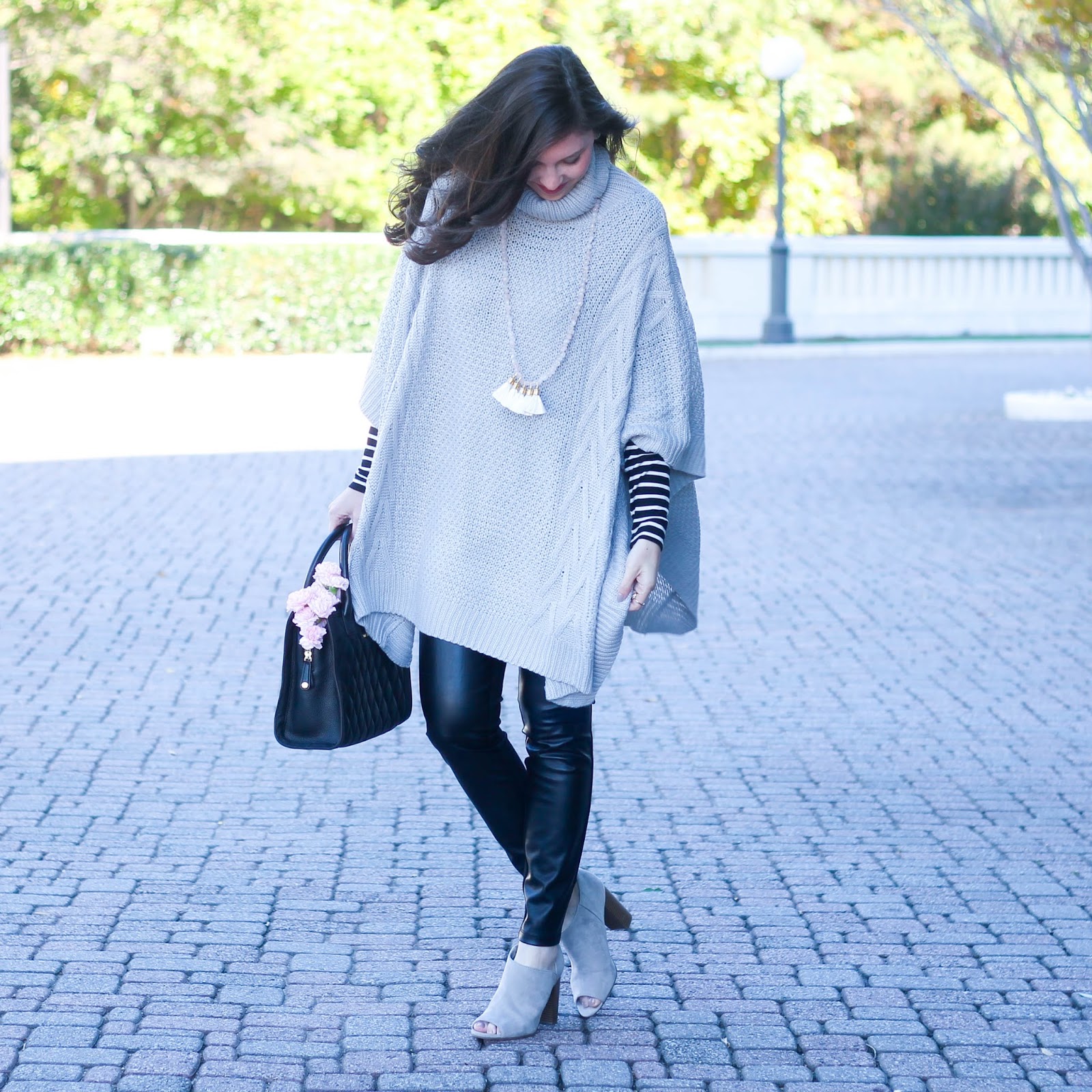 Grey Turtleneck Poncho, SheIn poncho, striped turtleneck with poncho, j crew striped turtleneck, fall outfit, fall style, fall trends, Sylvia Benson tassel necklace, Sylvia Benson jewelry, faux leather leggings, Vera Bradley quilted satchel, grey suede open toe booties, fall layers, pretty in the pines blog, pretty in the pines