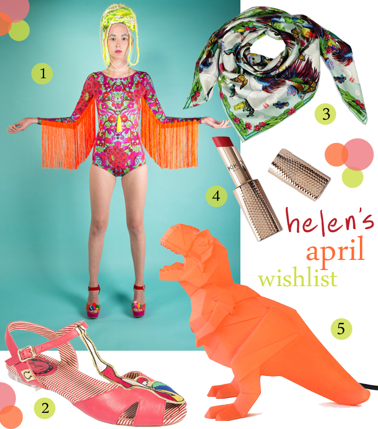 Helen's April Wishlist Wishlist, wish list, April wishlist, fringed bodysuit, LOM, Bathing beauty sandals, beach sandals, Miss L-Fire, Bubbles Silk Scarf, Fiona K Design scarf, Kiko lipstick, Rosita Lollipop dinosaur lamp