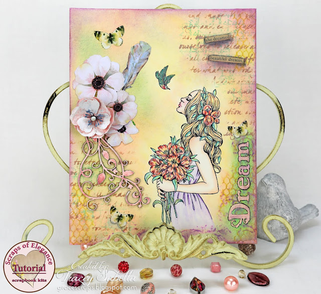 Scraps of Elegance scrapbook kits mixed media stamping video tutorial: Prima Princess & Watercolor Pencils Canvas, w/our Jun2017 kit, by Tracey Sabella