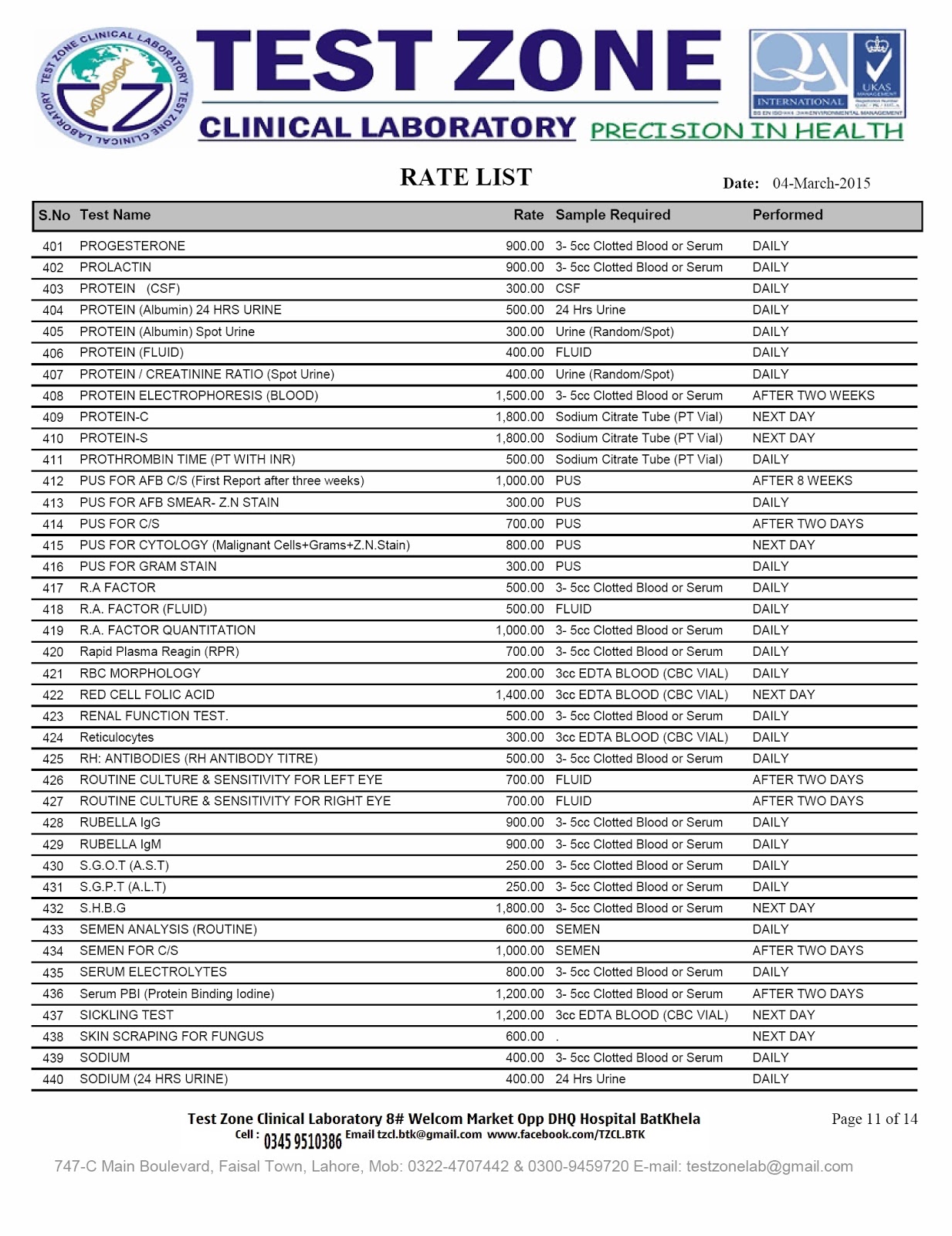 TEST ZONE Clinical Laboratory Collection Center Batkhela Rate List