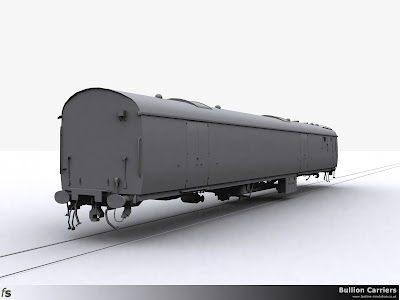 Fastline Simulation - Bullion Carriers: An in development render of the NWX Bullion Van for Train Simulator 2013. The completed body and under frame viewed from the van end and just waiting for bogies.