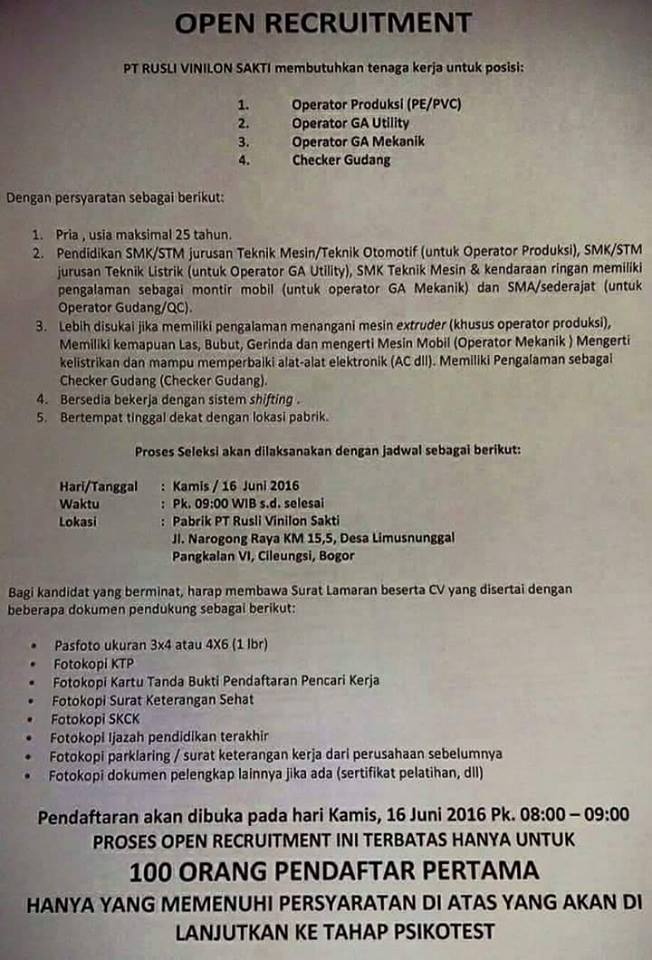Lowongan Kerja Pt Rusli Vinilon Sakti Lowongan Kerja Indonesia