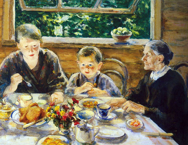 Krylov Porfiri, Petit déjeuner sur terrasse, 1934, Musée de Porfiri Krylov, Toula, Russie