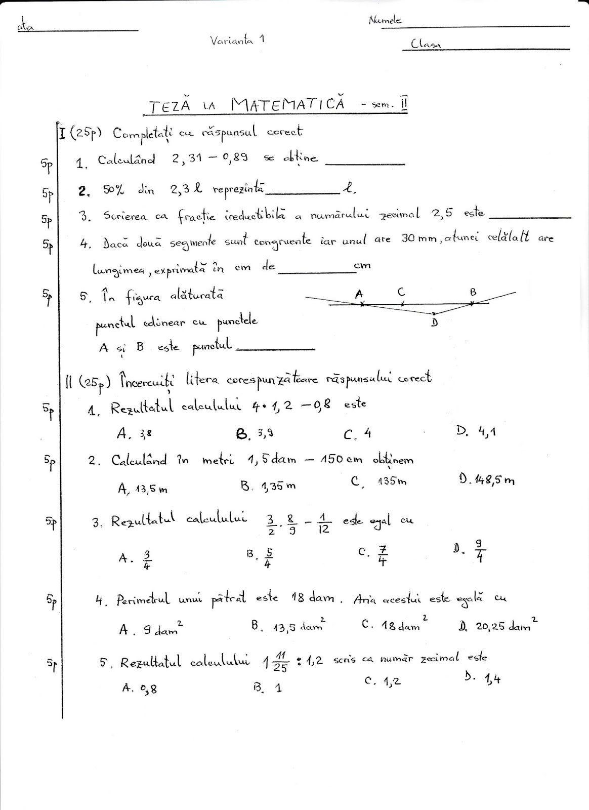 Teza Matematica Clasa 9 Sem 2 ogeometrie: TEZA la MATEMATICA Clasa 5 - semestrul 2