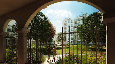 Rendu 3d aménagement paysager arcades Perspective 3d aérienne aménagement paysager vue sous arcades
