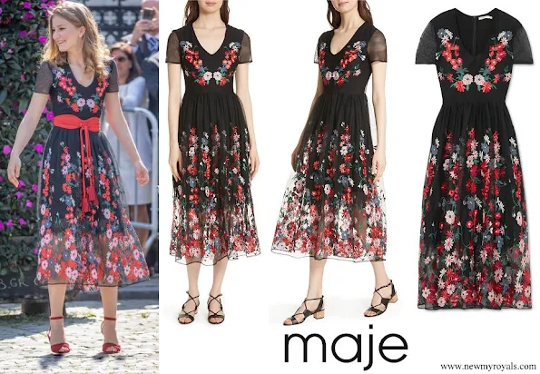 Crown-Princess Elisabeth wore MAJE Raphael embroidered tulle midi dress