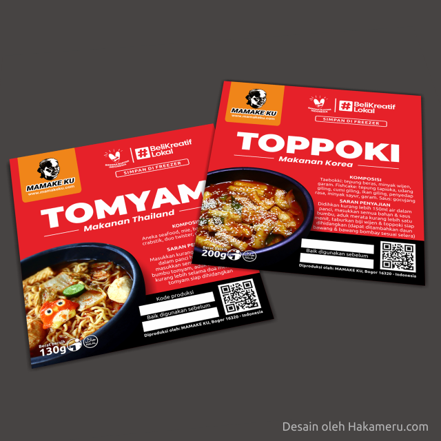 Desain label stiker makanan frozen food Toppoki (makanan Korea) dan Tomyam (makanan Thailand)