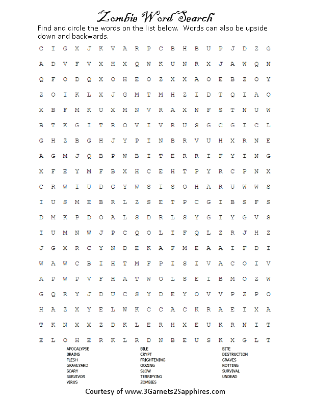 Free printable zombie-themed word search puzzle  |  www.3Garnets2Sapphires.com