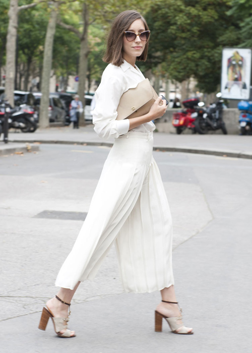 white on white culottes and blouse fashion street style