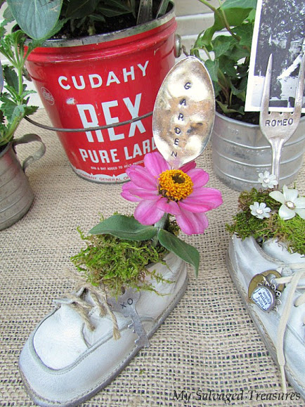 Planted Baby Shoes with Stamped Silverware Garden Markers - MySalvagedTreasures.com silverware stamping tutorial and planted baby shoes