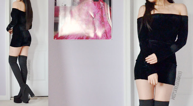 Romwe Fashion Review: Autumn Coats, LBDs + More! Black off-shoulder velvet bodycon dress with detached faux fur cuffs by Romwe