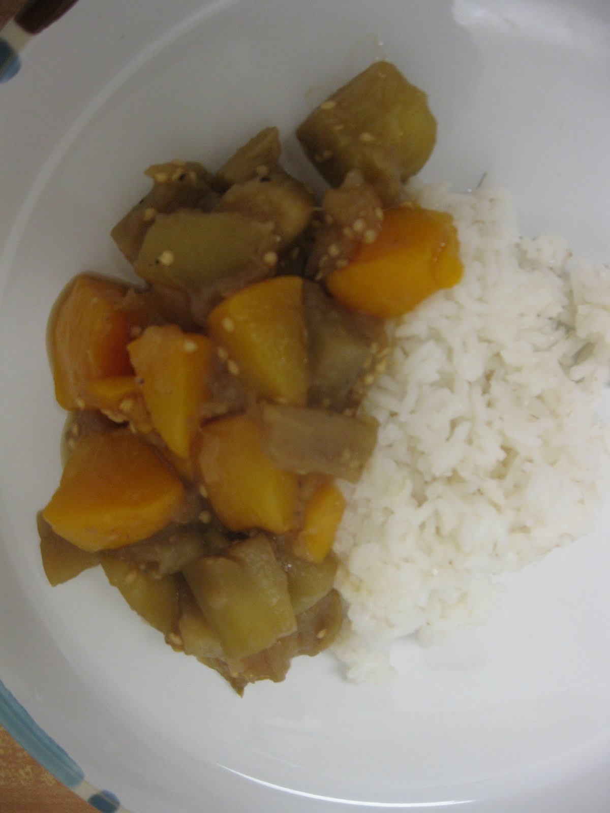 Banana Pudding On the Table Eggplant and Peaches