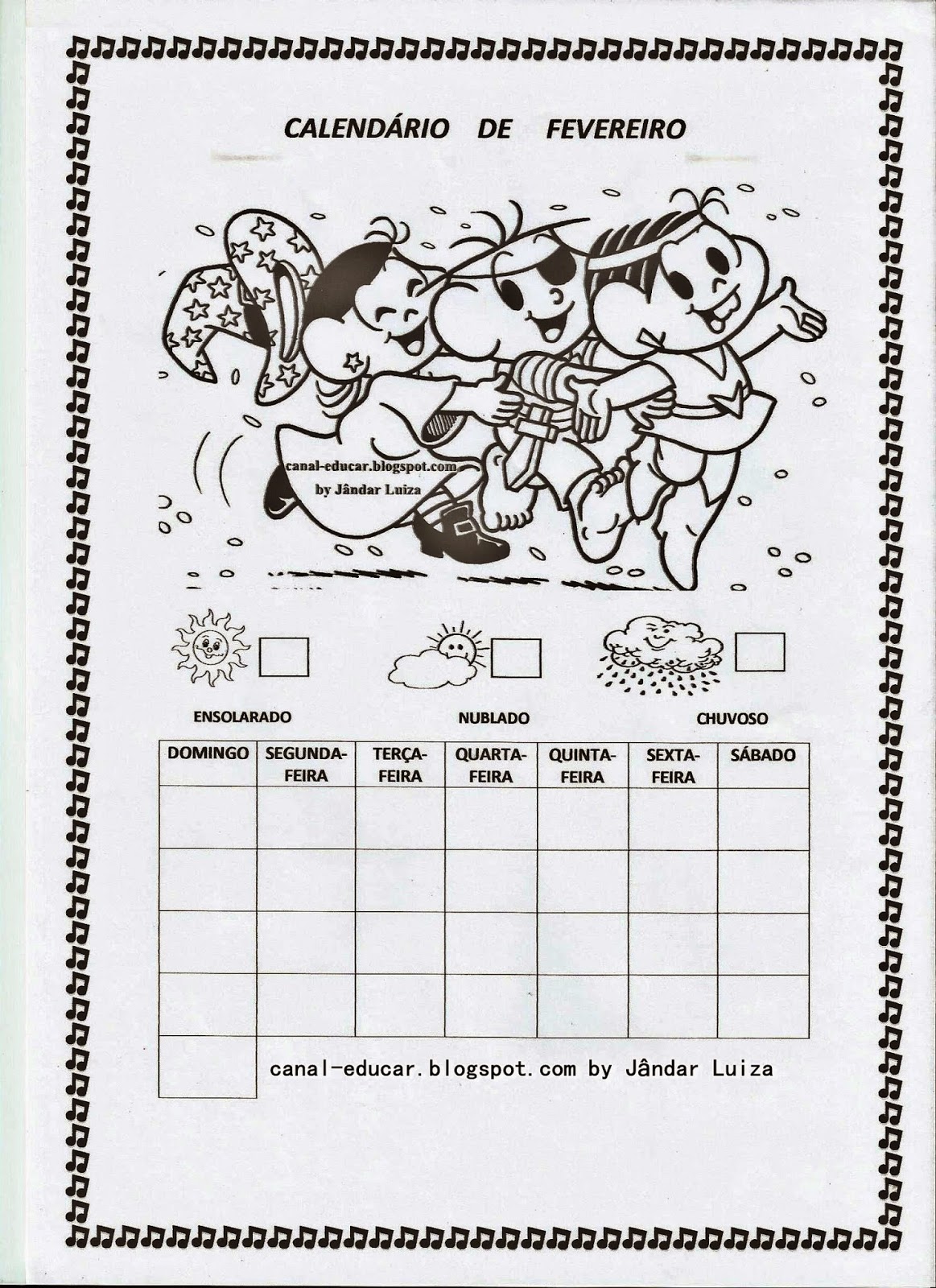 Calendário de fevereiro Turma da Mônica
