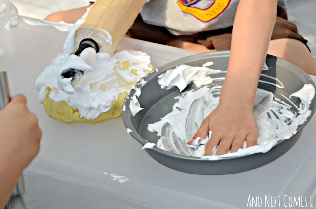 Shaving cream sensory play idea for kids using lemon scented play dough