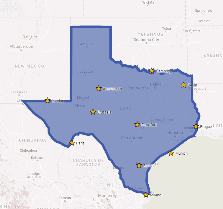 Major European cities overlaid on a map of Texas Vivid Maps