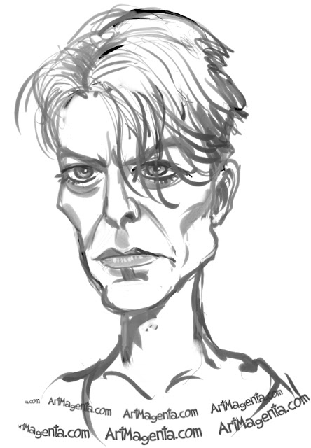 David Bowie caricature cartoon. Portrait drawing by caricaturist Artmagenta