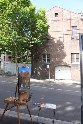 Plein air oil painting of abandoned derelict 'Darling Island Bond and Free' warehouse, Pyrmont st Pyrmont by industrial heritage artist Jane Bennett