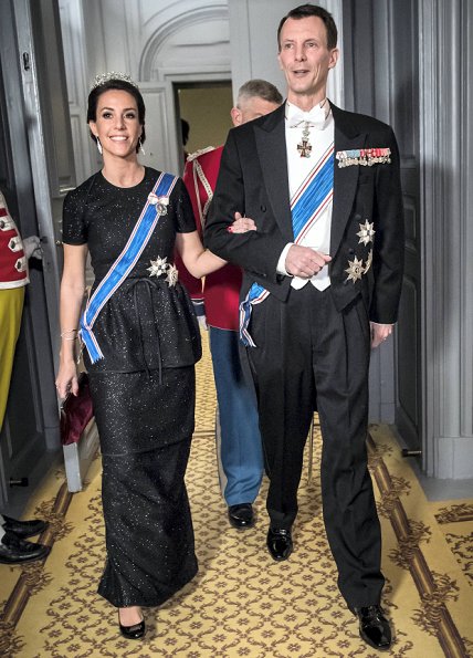 Crown Princess Mary, Princess Marie, Princess Benedikte wore diamond tiara wore gown, long satin dress