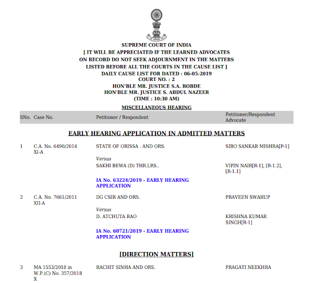 Click Here To Check Supreme Court Case List For 6th May 2019 Click Here To Check Supreme Court Case List For 6th May 2019