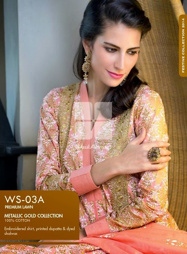 Metallic Gold Summer Dresses Collection 2014 by Gul Ahmed for Women