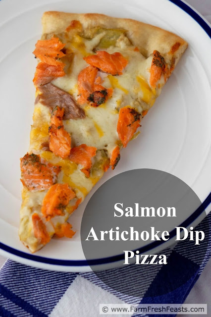 Take a cheesy hot artichoke dip, add salmon, then deconstruct it onto this pizza. It is cheesy, hot, gooey, and a terrific way to enjoy a seafood pizza for pizza night.