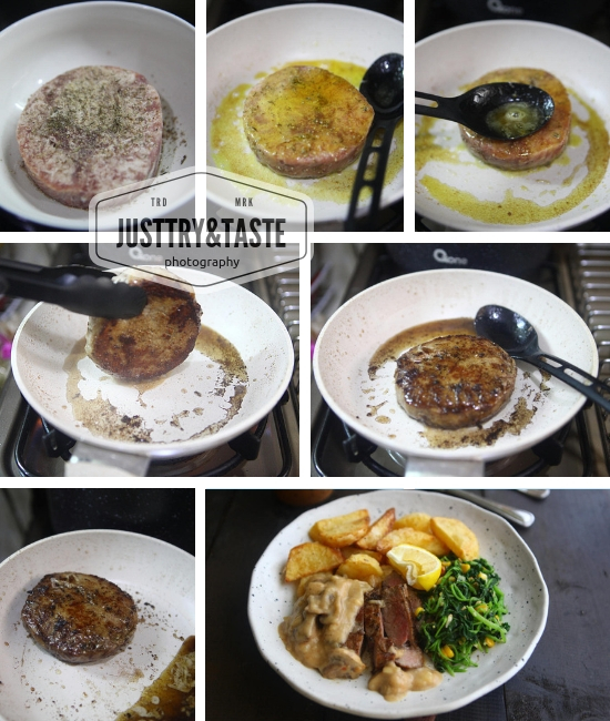 Resep Steak Saus Jamur dengan Tumis Bayam dan Kentang Goreng JTT