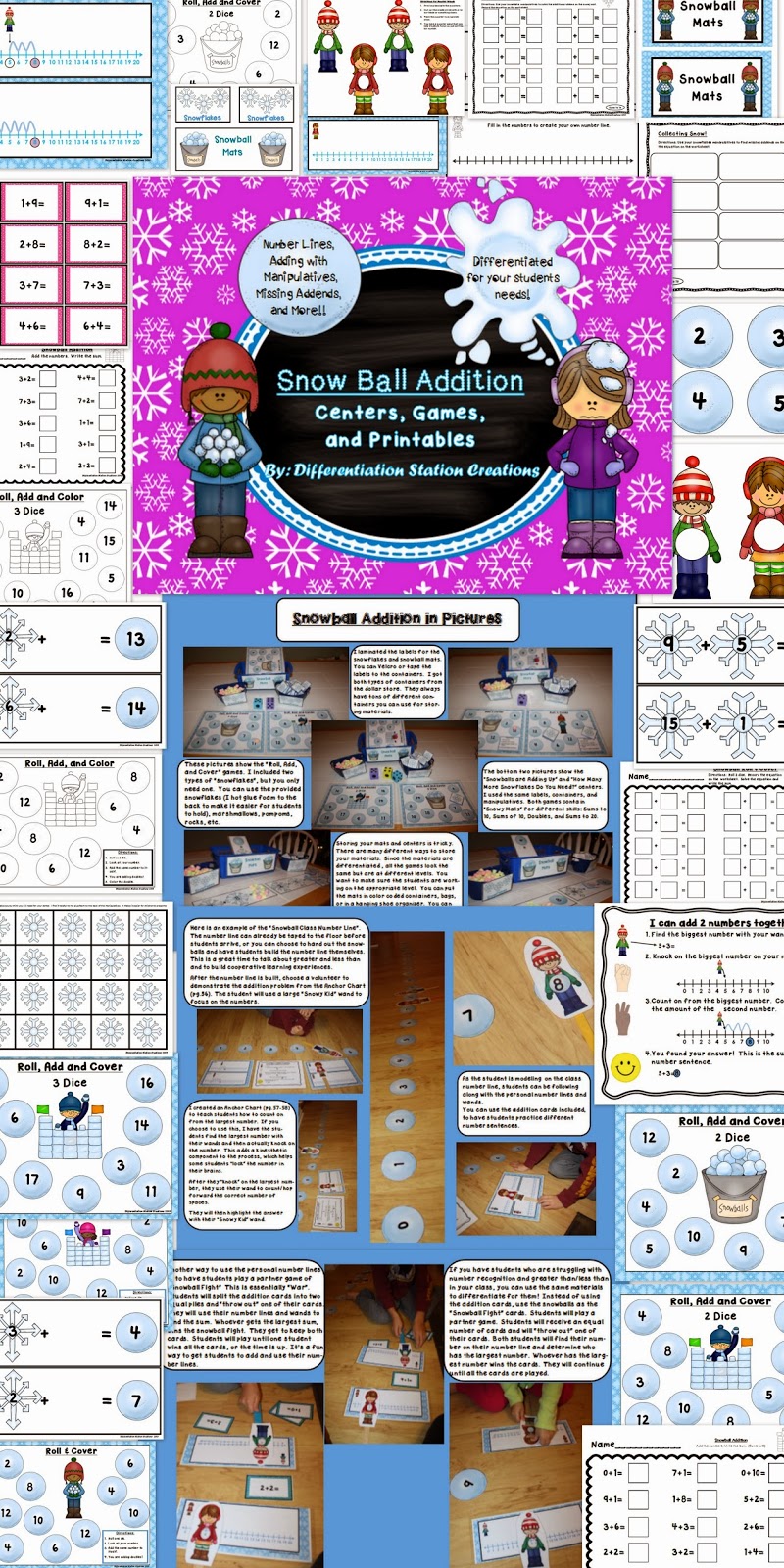 http://www.teacherspayteachers.com/Product/Snowball-Addition-Addition-to-20-Number-Lines-Missing-Addends-Common-Core-1018066