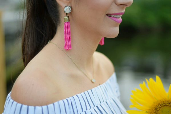 tassel earrings with off the shoulder top