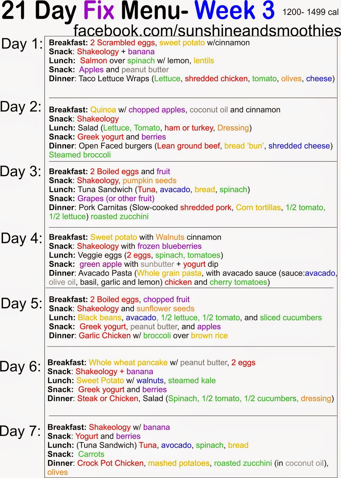 Sunshine and Smoothies Fitness: 21 Day Fix Menu - Week 3