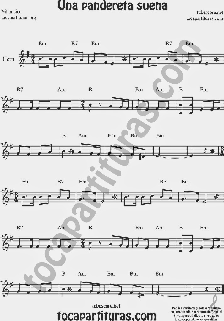  Una Pandereta Suena Partitura de Trompa y Corno Francés en Mi bemol Sheet Music for French Horn Music Scores Villancico