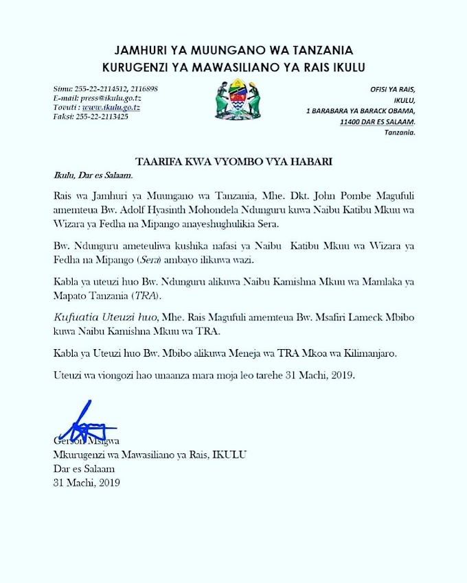 Breaking : Rais Magufuli Afanya Uteuzi Mpya Wizara ya Fedha