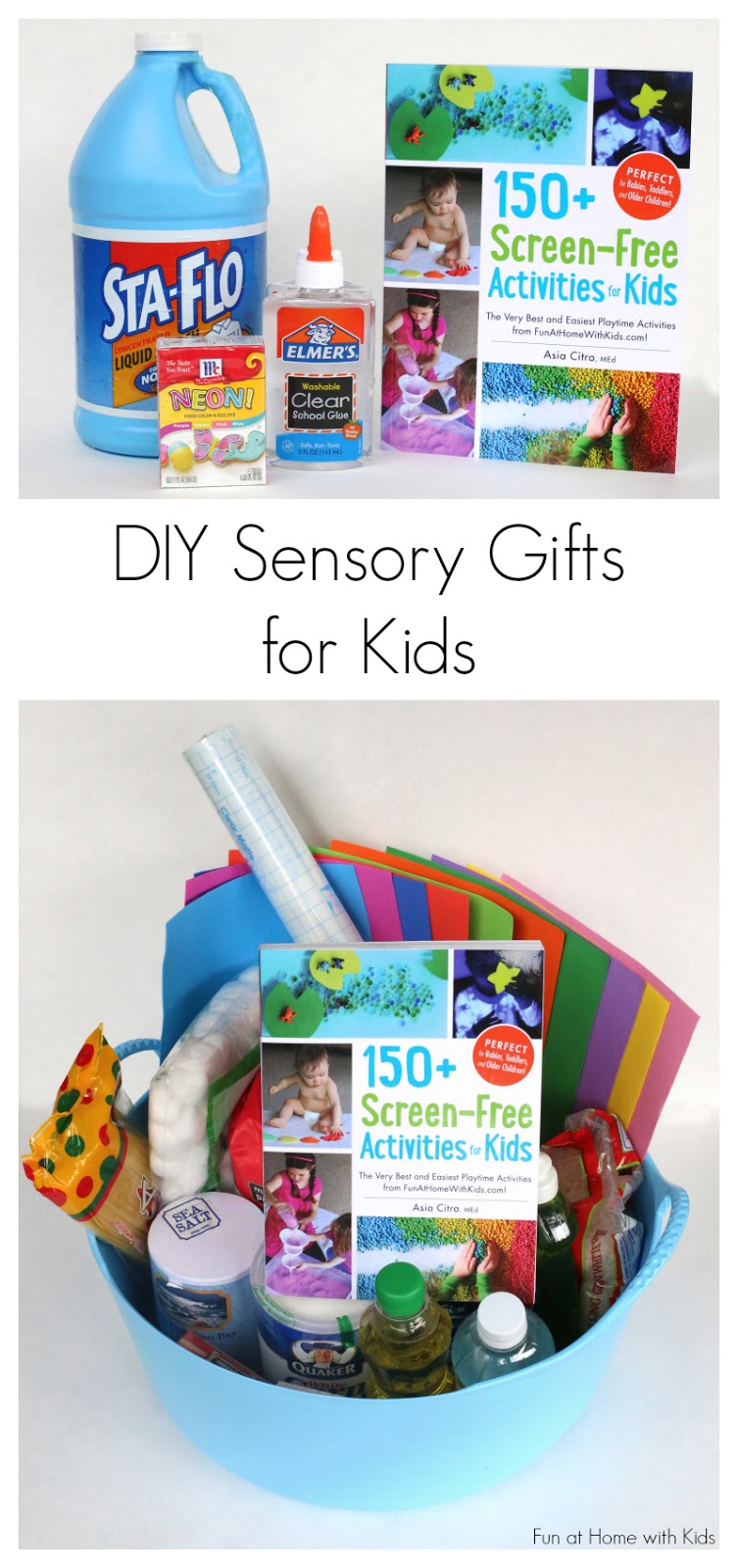 DIY Kits for Creative Gifts:  Ideas for small or large sensory kits for a gift for a friend or classmate, your child's preschool teacher or caregiver, a grandparents house or babysitter's kit, gift basket for a fundraising auction, birthday party or baby shower gift!  From Fun at Home with Kids