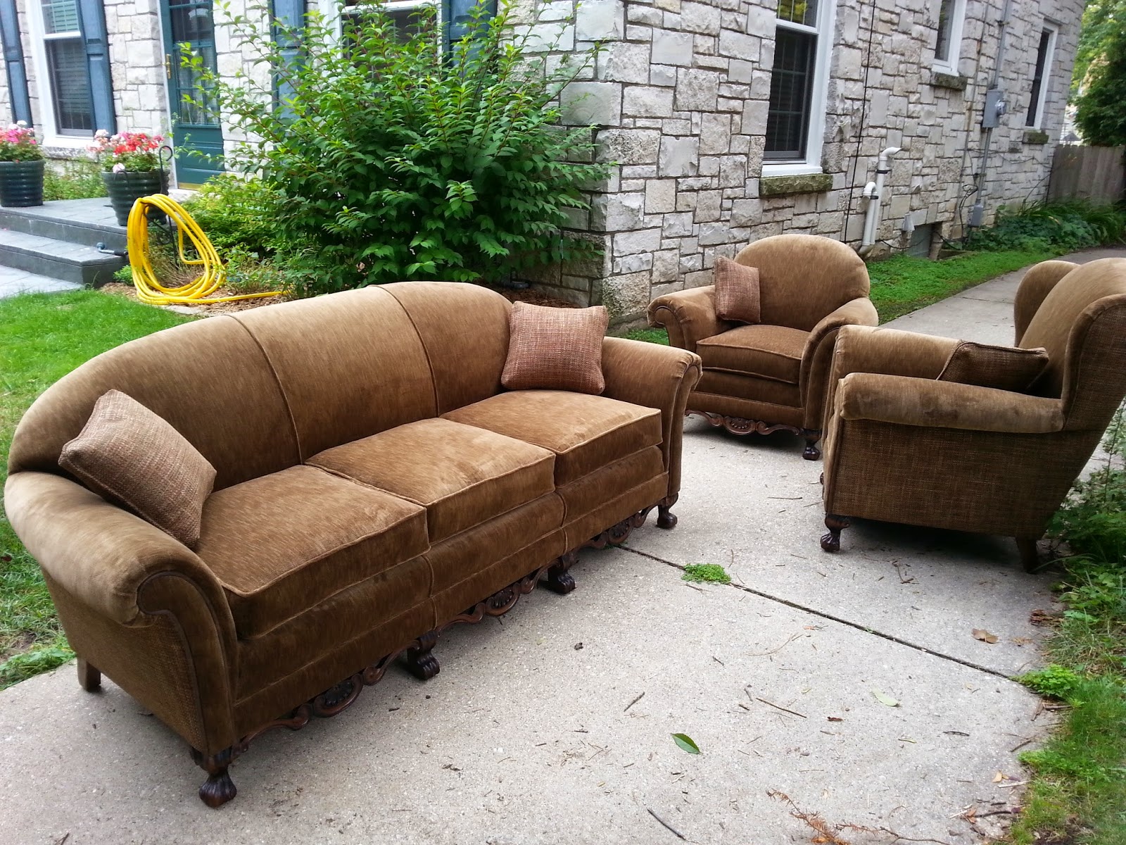 Homestyle Custom Upholstery and Awning Antique Couch And Two Armchairs Recovered