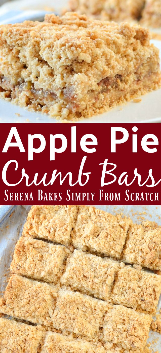 Apple Pie Crumb Bars recipes are an easy alternative to pie. Perfect for the Thanksgiving or Christmas dessert table from Serena Bakes Simply From Scratch.