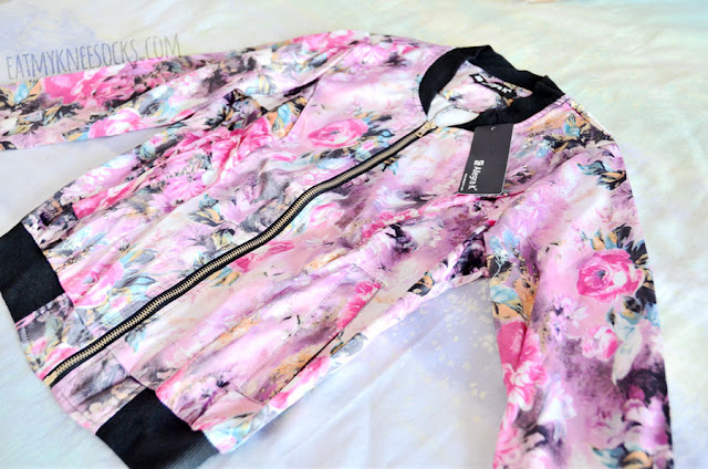 Allegra-K Fashion Review: Floral Jacket, Faux Suede Skirt + Lace Blazer Details on the silky satin floral print bomber jacket from Allegra-K.