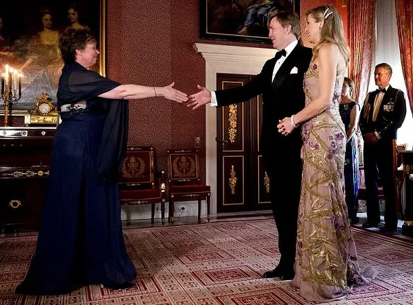 Queen Maxima host a dinner to celebrate King Willem-Alexander's 50th birthday in the Royal Palace Queen Maxima wearing Jan Taminiau gown