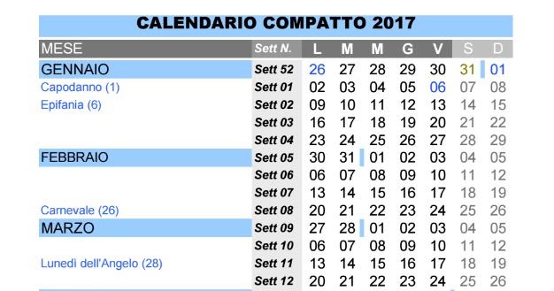 calendario 2017 da scaricare in excel