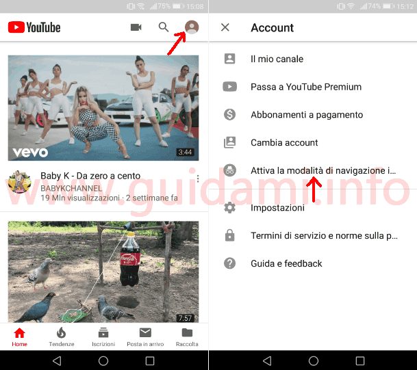 App YouTube menu opzione Attiva modalità in incognito