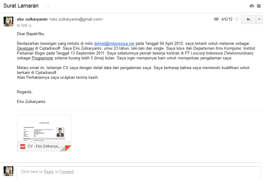 Contoh Surat Lamaran Kerja Bahasa Indonesia Via Email