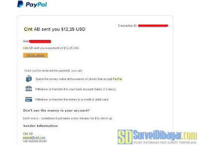 Bukti pembayaran online survey YourSay melalui PayPal | SurveiDibayar.com